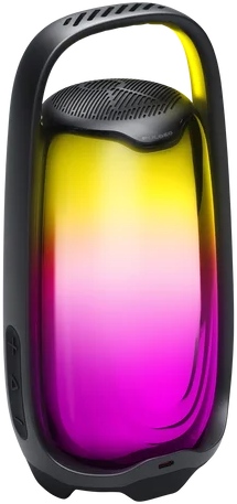 Egy hordozható fekete Bluetooth hangszóró színes LED fénnyel, amely sárgáról rózsaszínre vált.