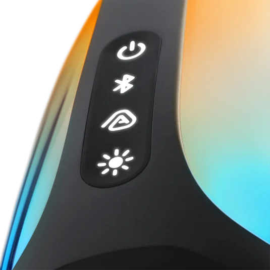 Egy fekete vezérlőpult négy világító fehér ikonnal a bekapcsoláshoz, Bluetooth-hoz, funkcióhoz és fényerőhöz.