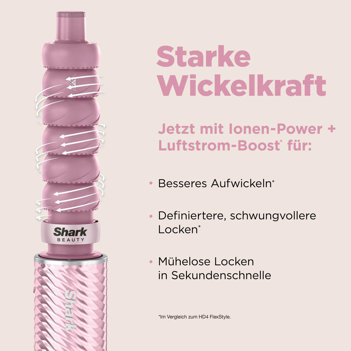 Rosa Shark Haarstyler mit Luftstrom-Boost und Text für starkes Aufwickeln.