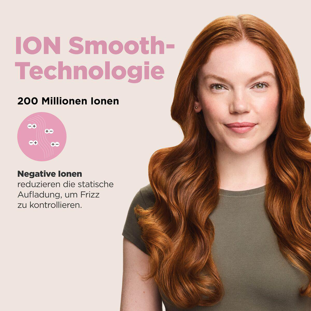 Rothaarige Frau mit glänzenden Wellen, daneben Text zur Ion-Smooth-Technologie gegen statische Aufladung und Frizz.