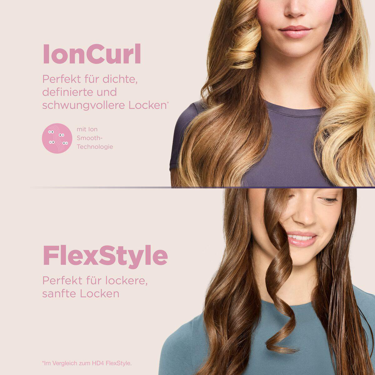 Werbebild vergleicht Haare mit IonCurl für definierte Locken und Flexstyle für sanfte Locken.