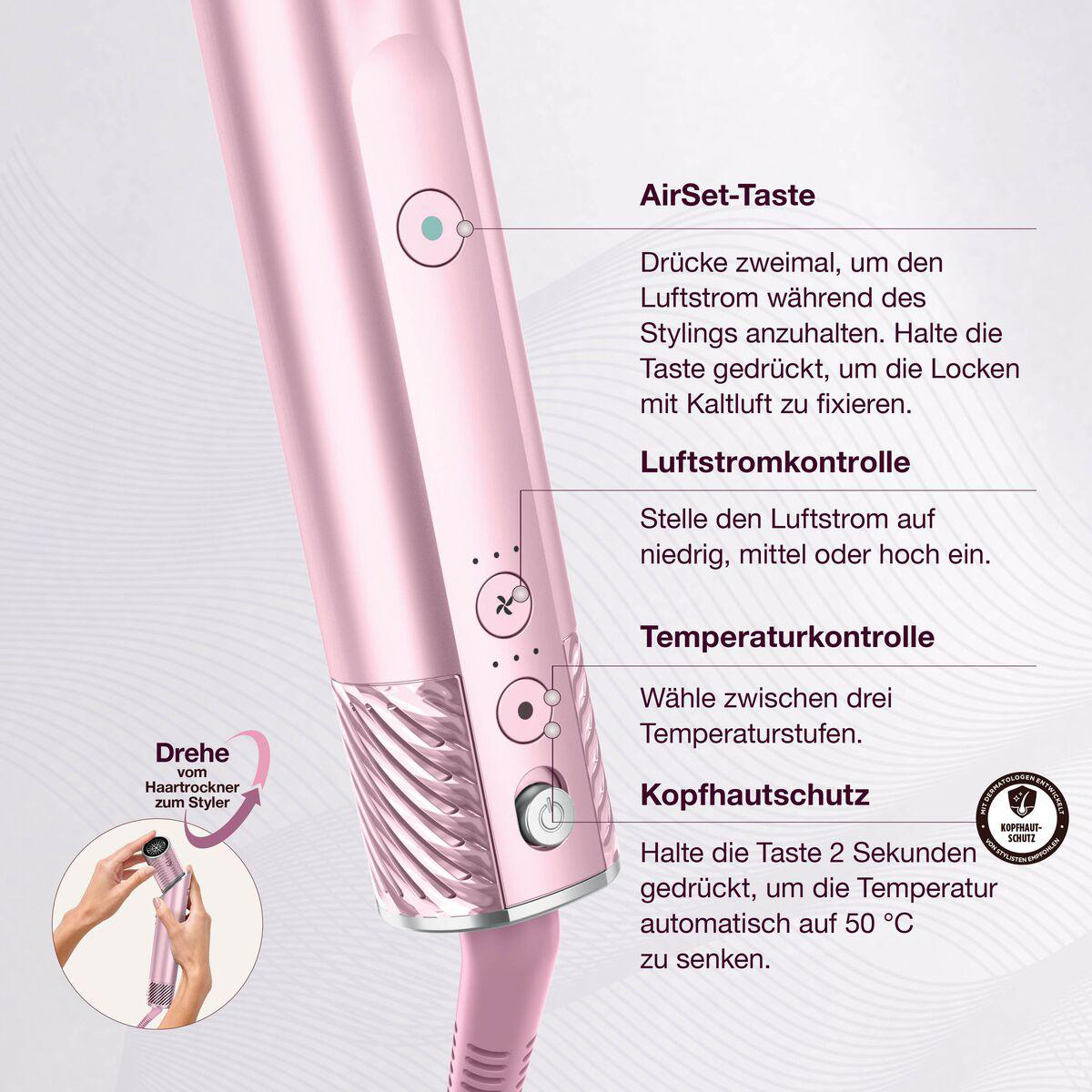 Rosa Hairstyler mit deutschen Beschriftungen für AirSet-, Luftstrom-, Temperatur- und Kopfschutztasten.