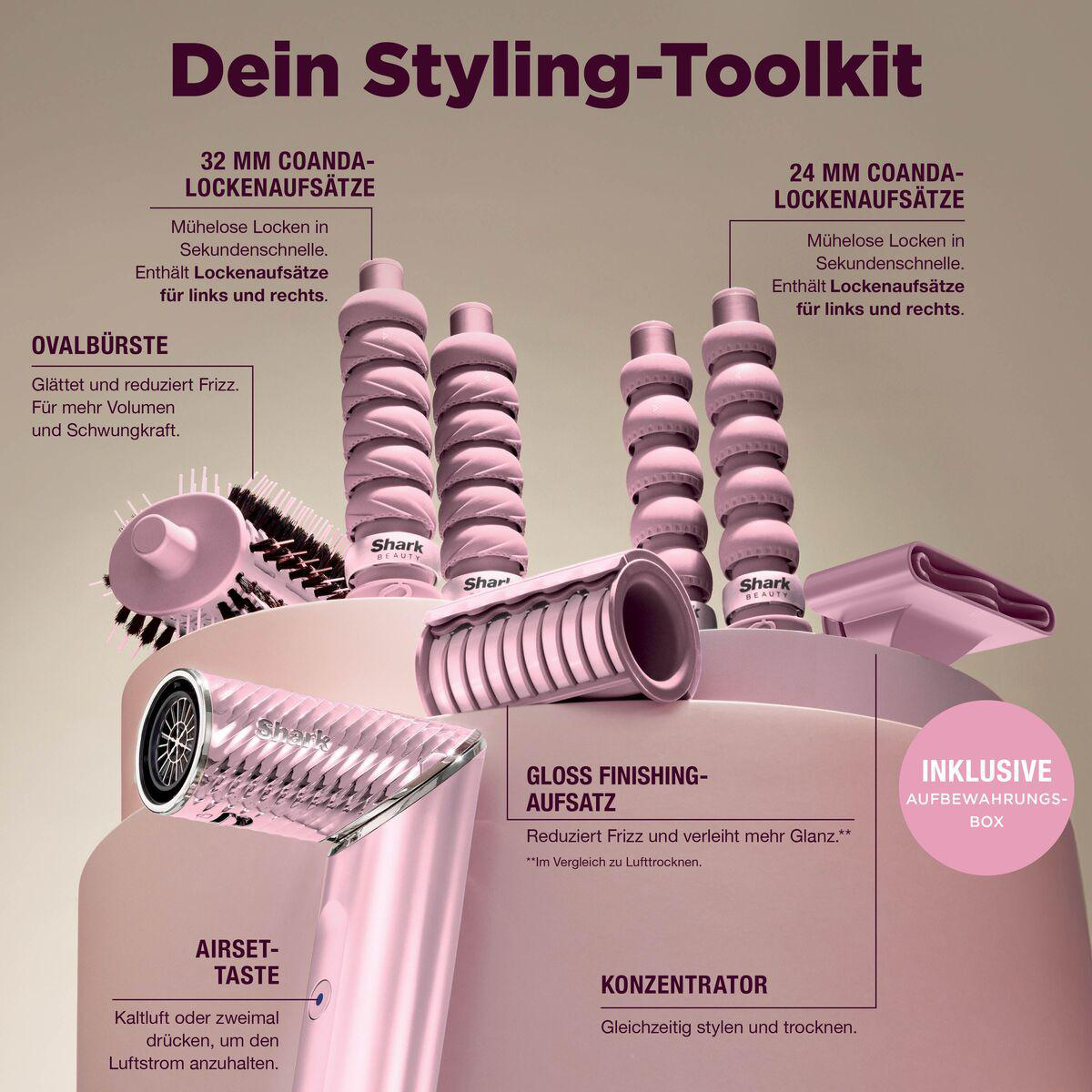 Ein rosafarbenes Shark FlexStyle Hairstyle-Set mit verschiedenen Aufsätzen, Bürsten und Lockenstäben.