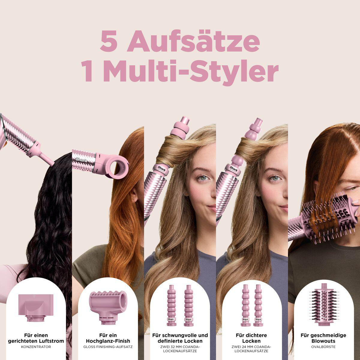 Fünf Aufsätze und ein Multistyler für verschiedene Frisuren, gezeigt mit Frauen mit unterschiedlichen Haartypen.