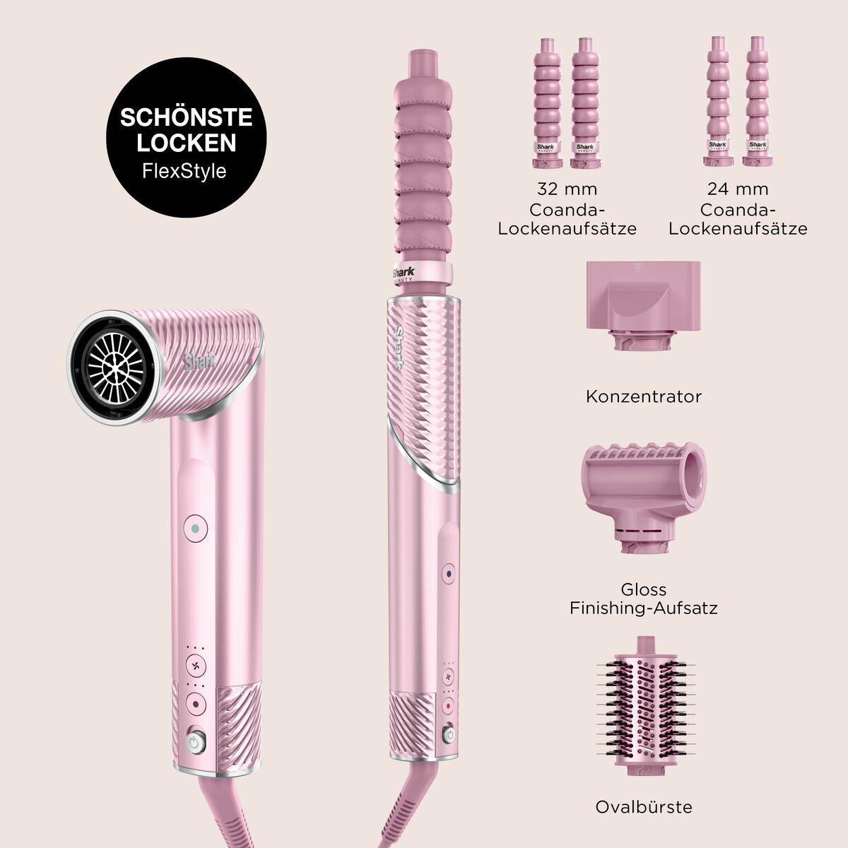 Rosa Shark FlexStyle Haustyler mit Aufsätzen für Locken, Styling und Föhnen auf hellem Hintergrund.