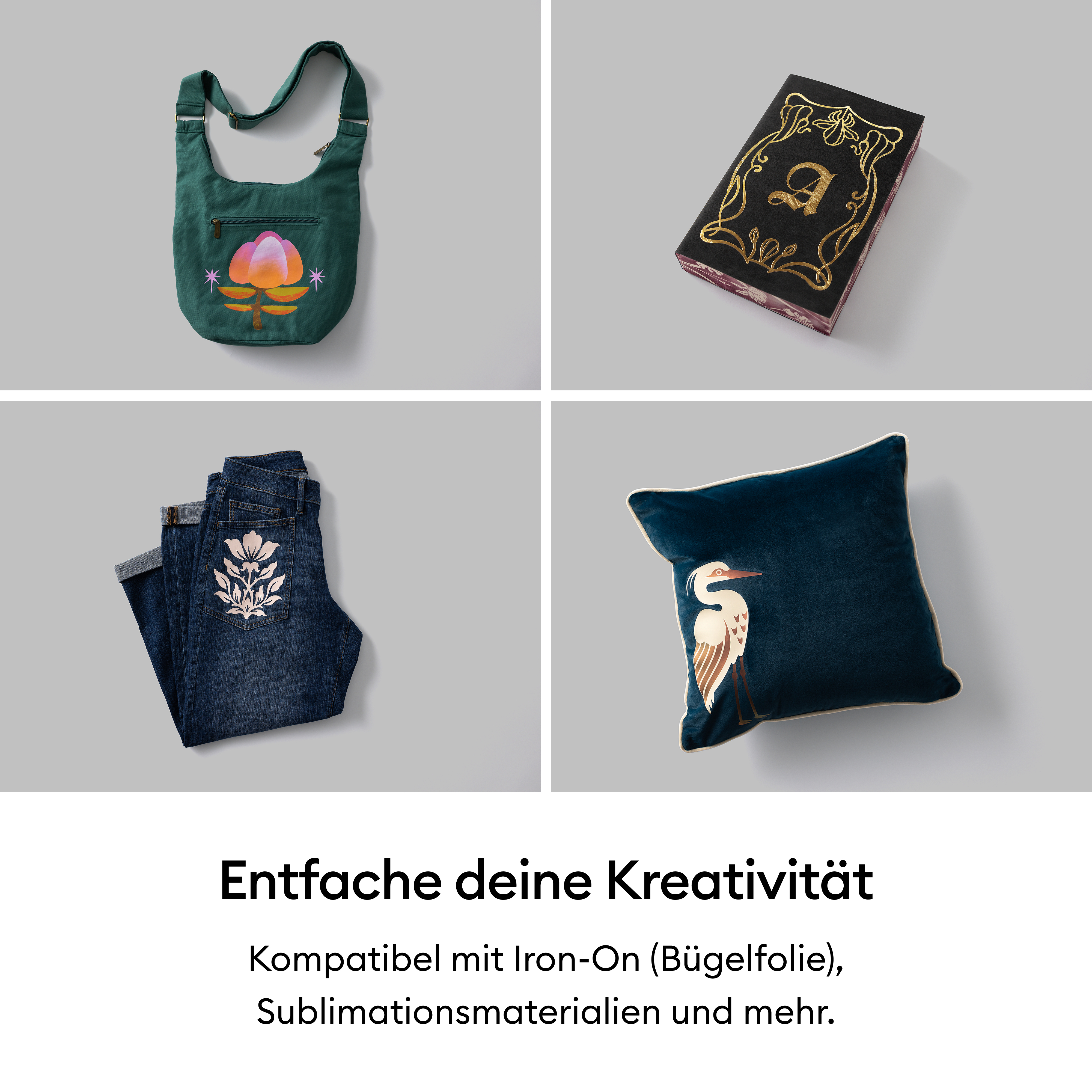Vier Produkte mit Muster auf grauem Grund: Tasche, Buch, Jeans und Kissen.