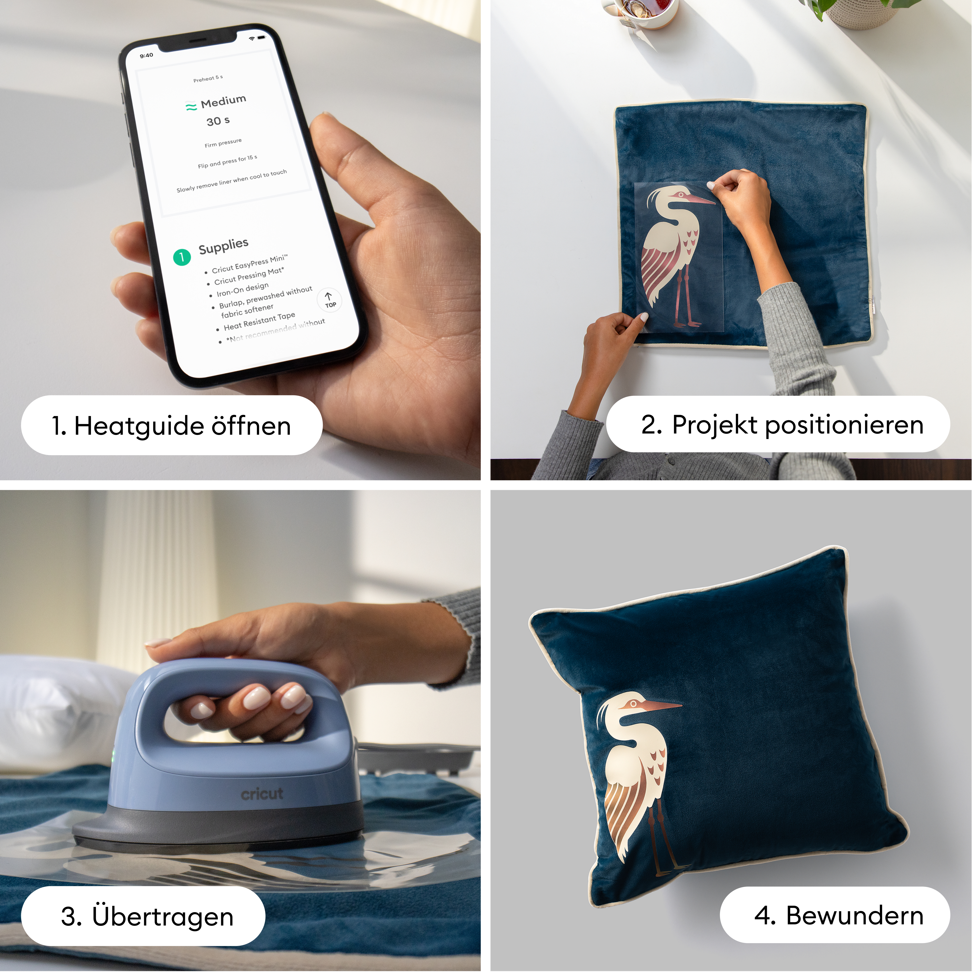 Vier Schritte zum Kissen: App nutzen, Design platzieren, bügeln und bewundern.