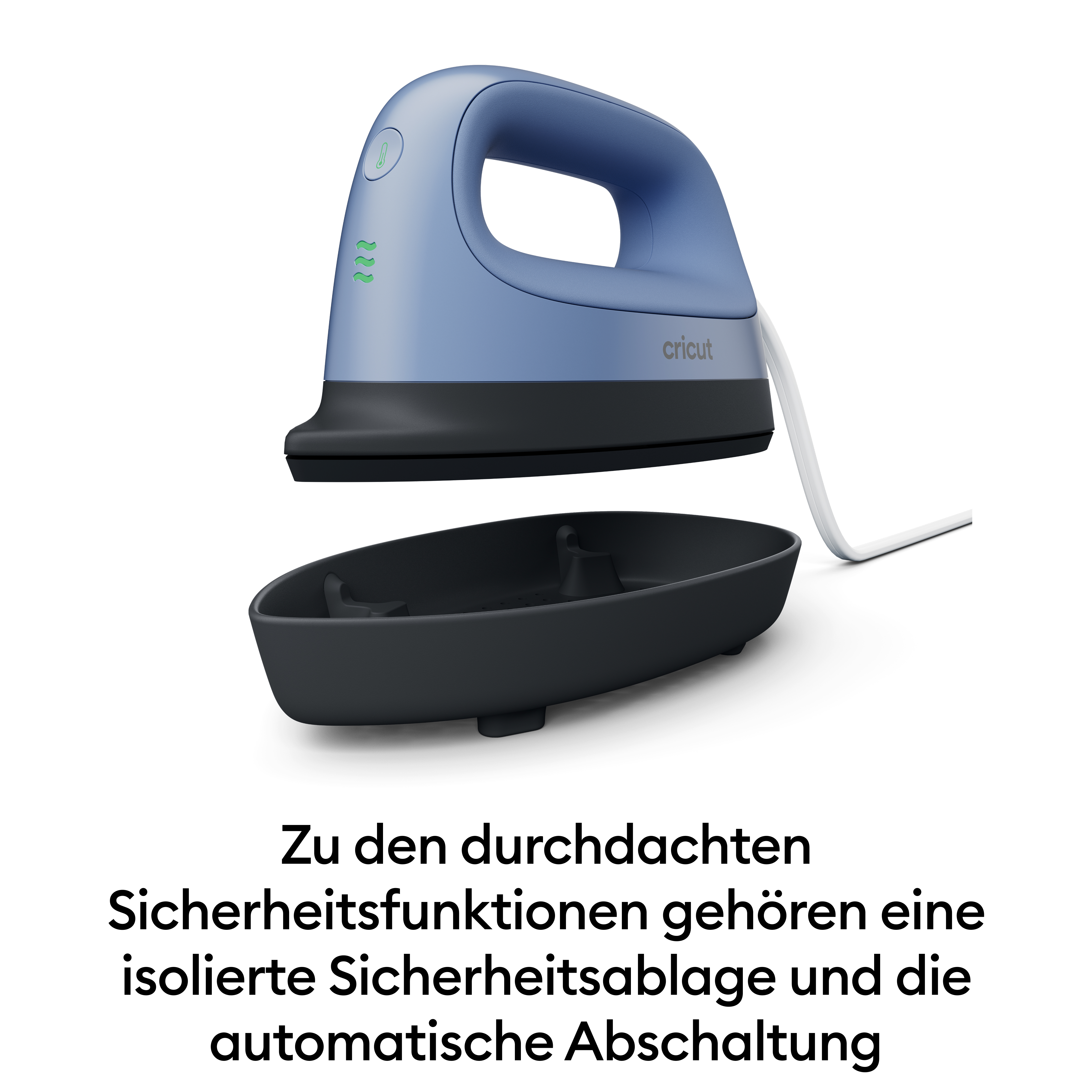 Blaue Cricut EasyPress Mini über ihrer schwarzen Sicherheitsablage mit weißem Kabel und deutschem Text.