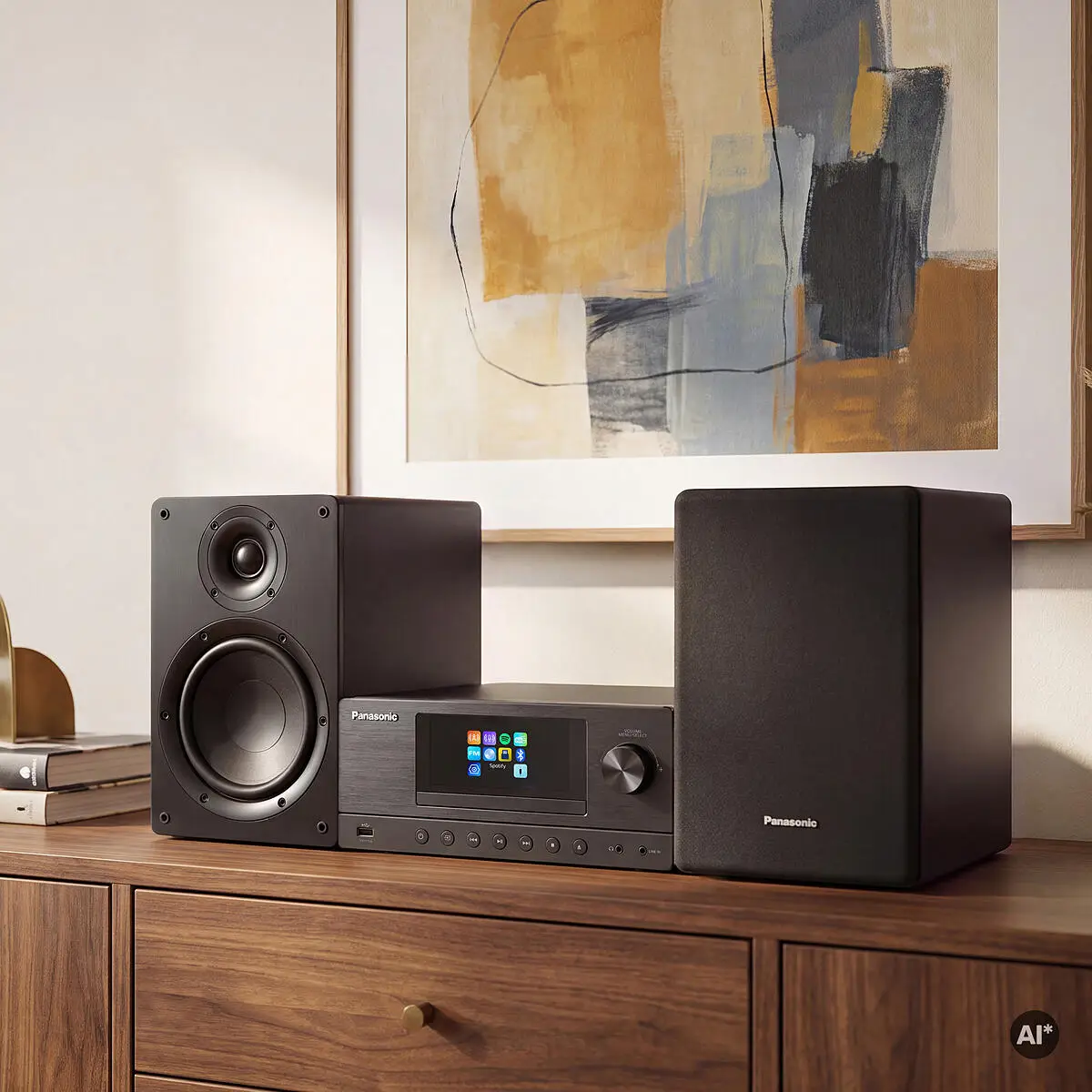 Egy fekete Panasonic hifi rendszer két hangszóróval egy fa szekrényen, egy elvont festmény előtt.