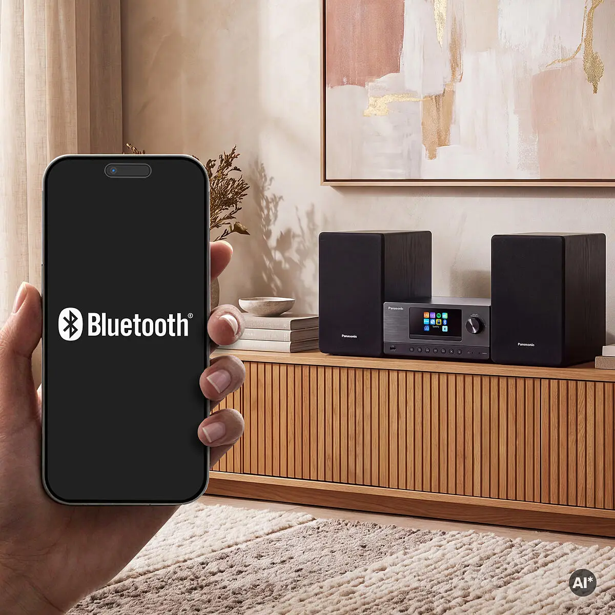 Okostelefon Bluetooth logóval a képernyőjén egy Panasonic audiorendszer előtt egy fából készült szekrényen.