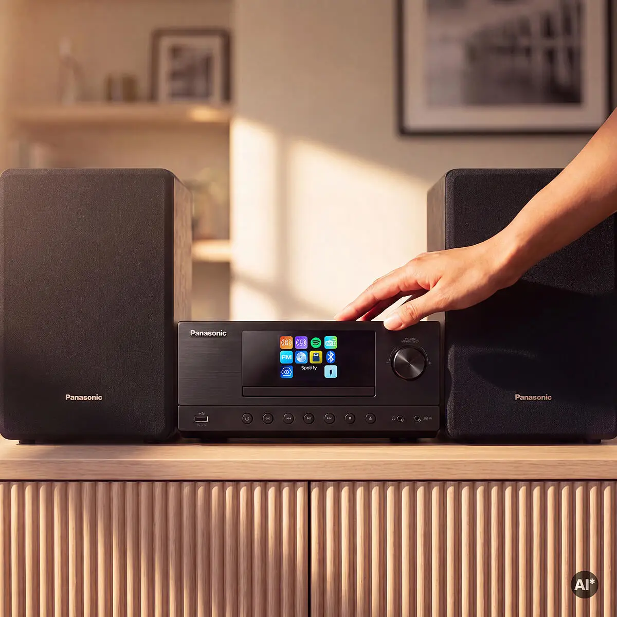 Kéz kezel egy fekete Panasonic Hi-Fi rendszert két hangszóróval egy fa szekrényen.