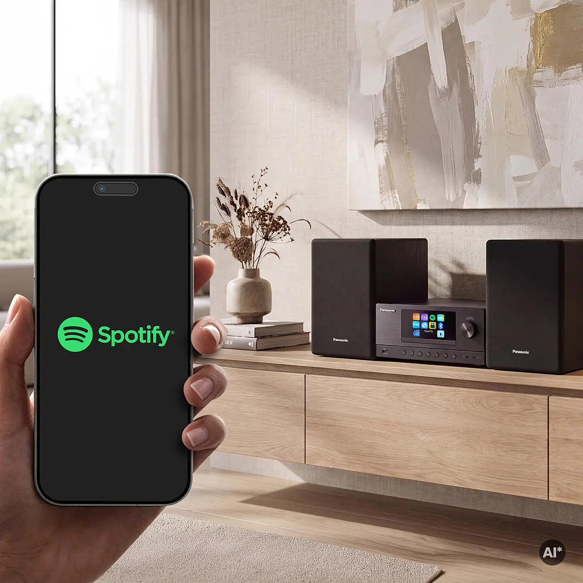 Egy kéz egy Spotify alkalmazást futtató okostelefont tart, hátul egy Panasonic hifi torony áll egy fa szekrényen.