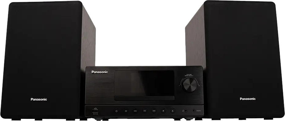 Fekete Panasonic audiorendszer központi egységgel és két illeszkedő hangszóróval.