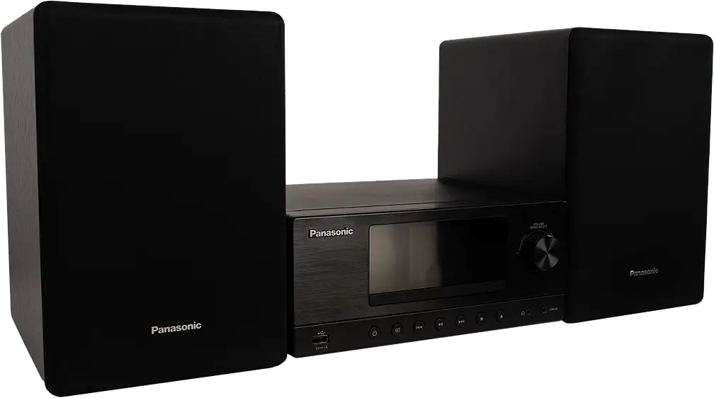 Egy fekete Panasonic hifi rendszer két hangszóróval és egy központi egységgel sima fekete háttér előtt.
