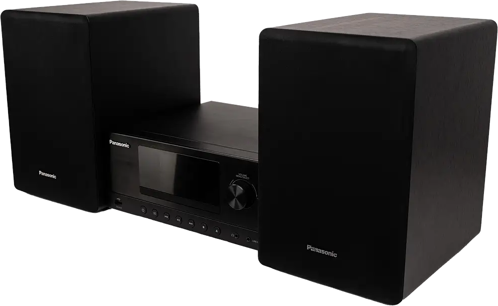 Fekete Panasonic audiorendszer két polchangszóróval fekete háttér előtt.
