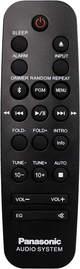 Fekete Panasonic audiorendszer távirányító különféle gombokkal.