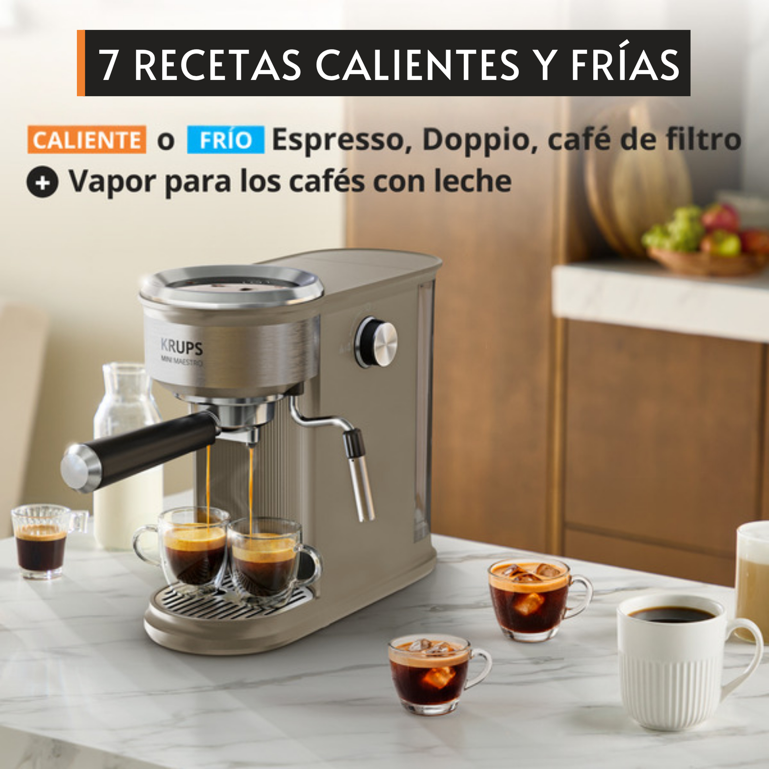 Una cafetera Krups gris en una encimera llena dos tazas con espresso, rodeada de otras tazas de café.