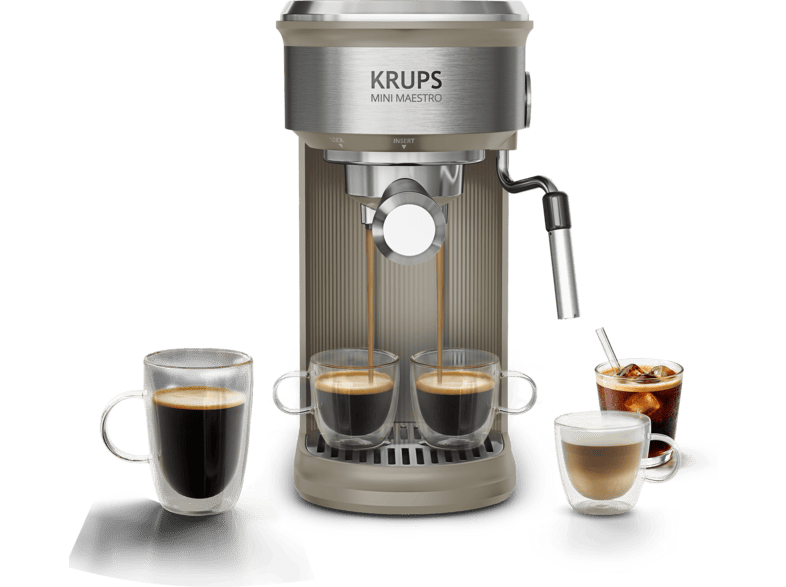 Cafetera express - Krups Mini Maestro XP350A, Ultra compacta, 20 bar, Espumador de leche, 6 recetas frías y calientes, Panel digital, 1350 W, Chai