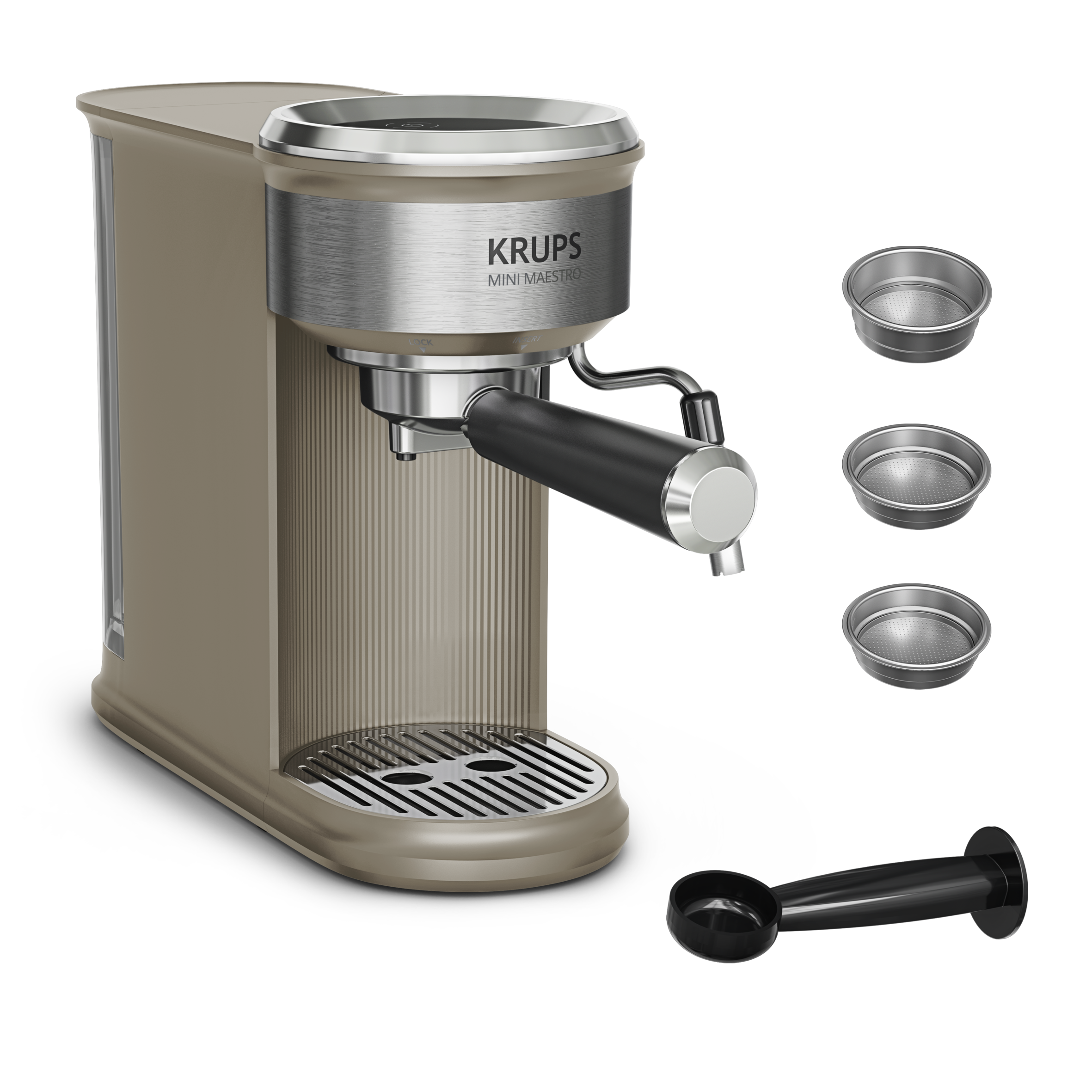Cafetera Krups Mini Maestro beige con tres filtros y un prensador sobre fondo negro.