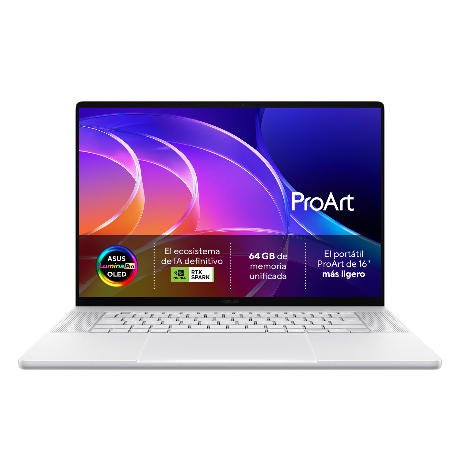 Portátil plateado ASUS ProArt con pantalla colorida y especificaciones.
