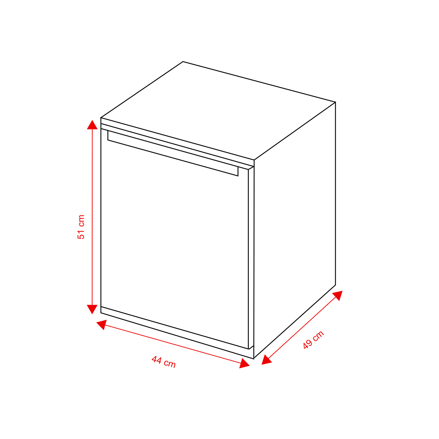 Line drawing of a small rectangular cabinet with red dimension arrows: 51 cm height, 44 cm width, 49 cm depth.