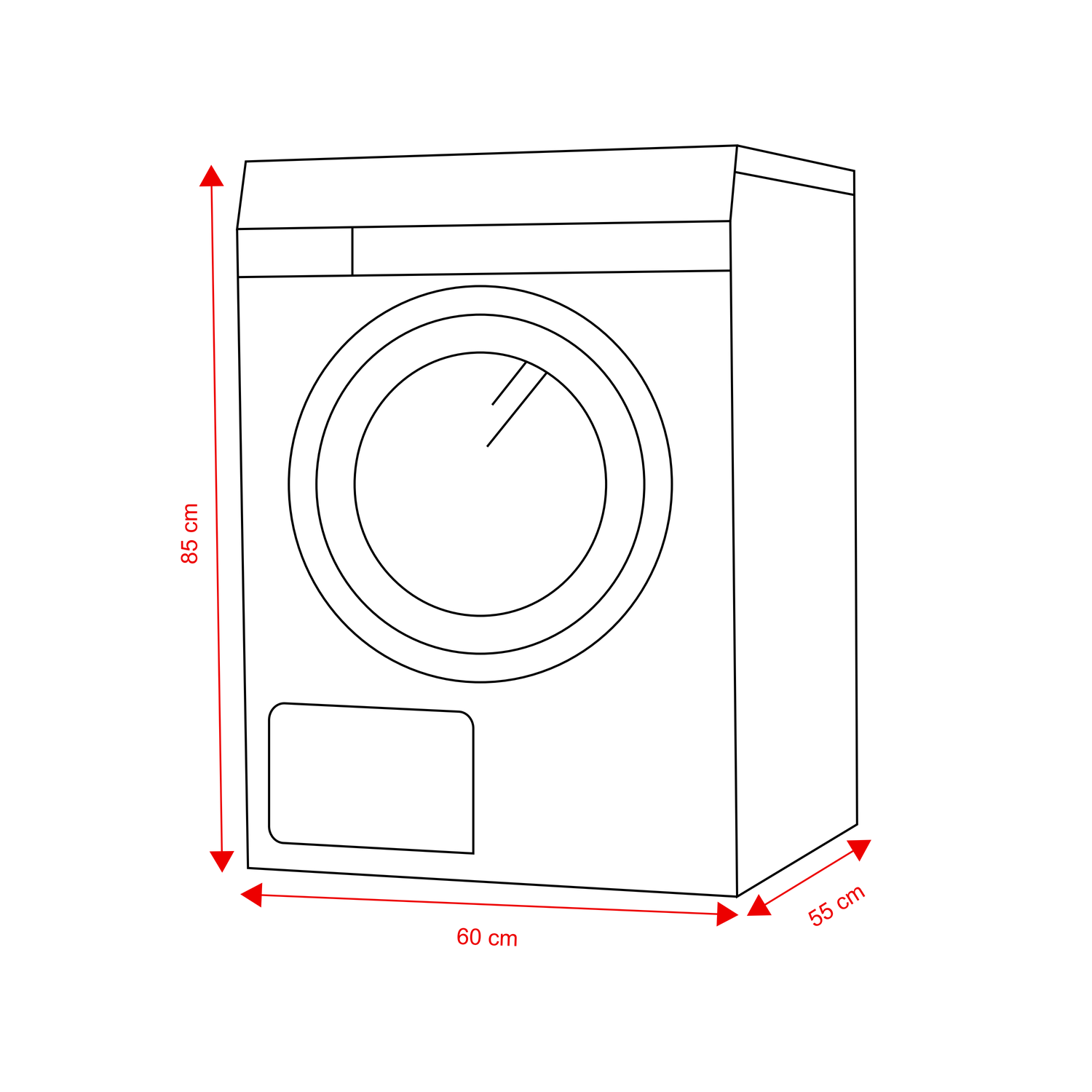 Line drawing of a washing machine with red dimensions: 85 cm high, 60 cm wide, and 55 cm deep.
