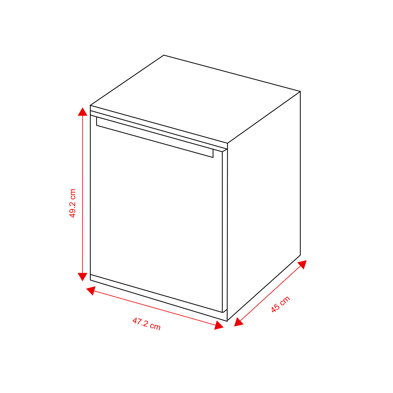 Line drawing of a small cabinet with dimensions 49.2cm height, 47.2cm width, and 45cm depth shown in red arrows.