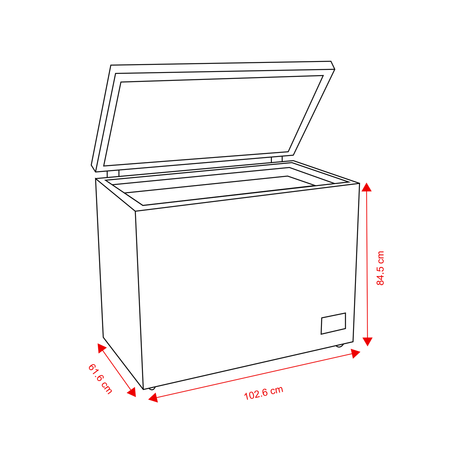 Dessin au trait d'un coffre congélateur ouvert avec des cotes rouges de largeur, profondeur et hauteur.
