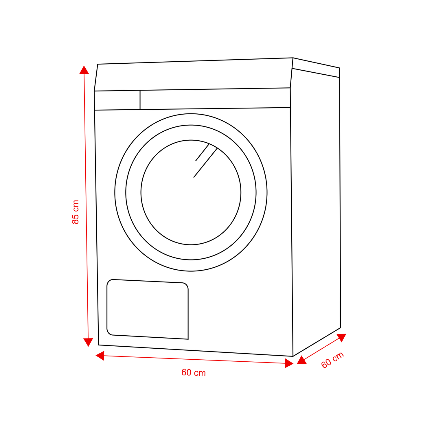 Line drawing of a washing machine with dimensions of 85 cm height, 60 cm width, and 60 cm depth.