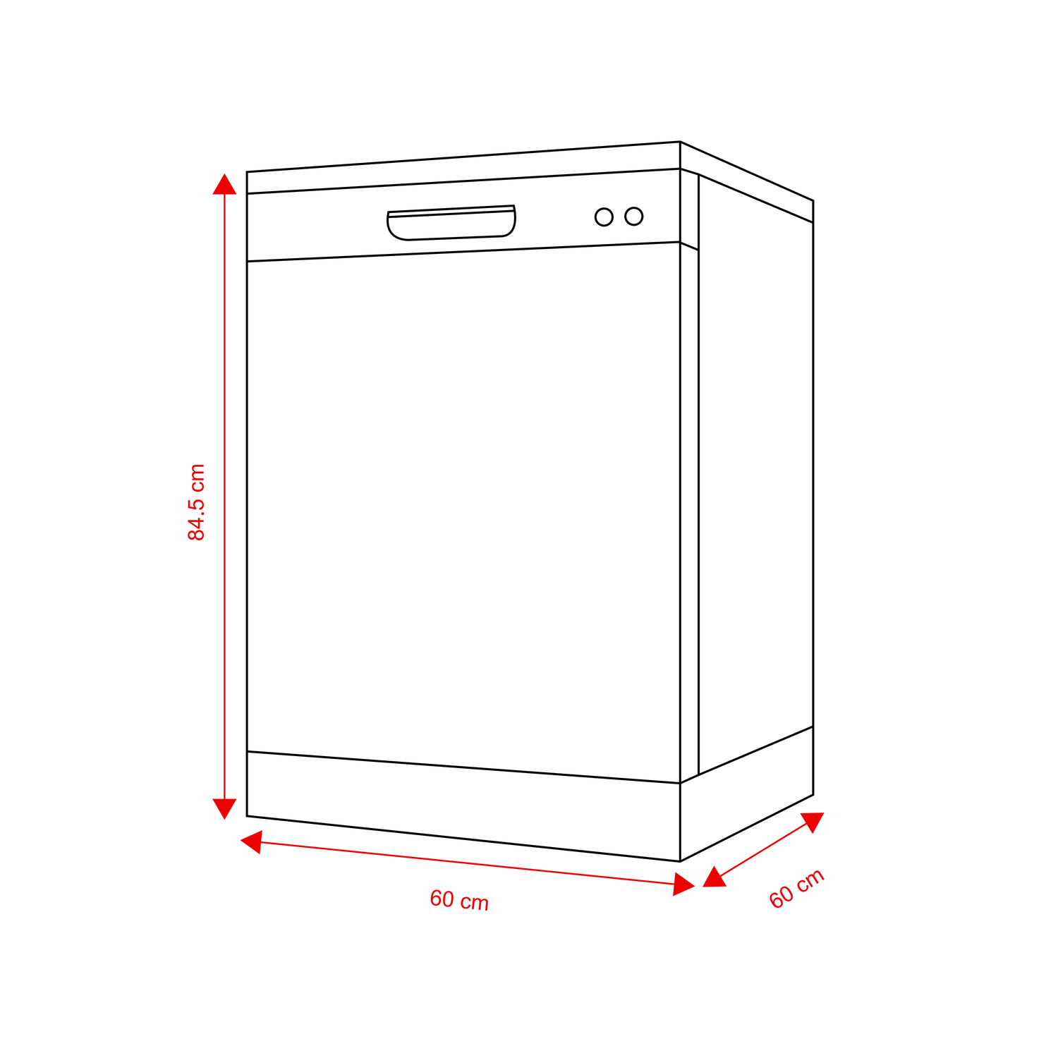 Line drawing of a dishwasher with red dimension indicators showing 84.5 cm height, 60 cm width, and 60 cm depth.