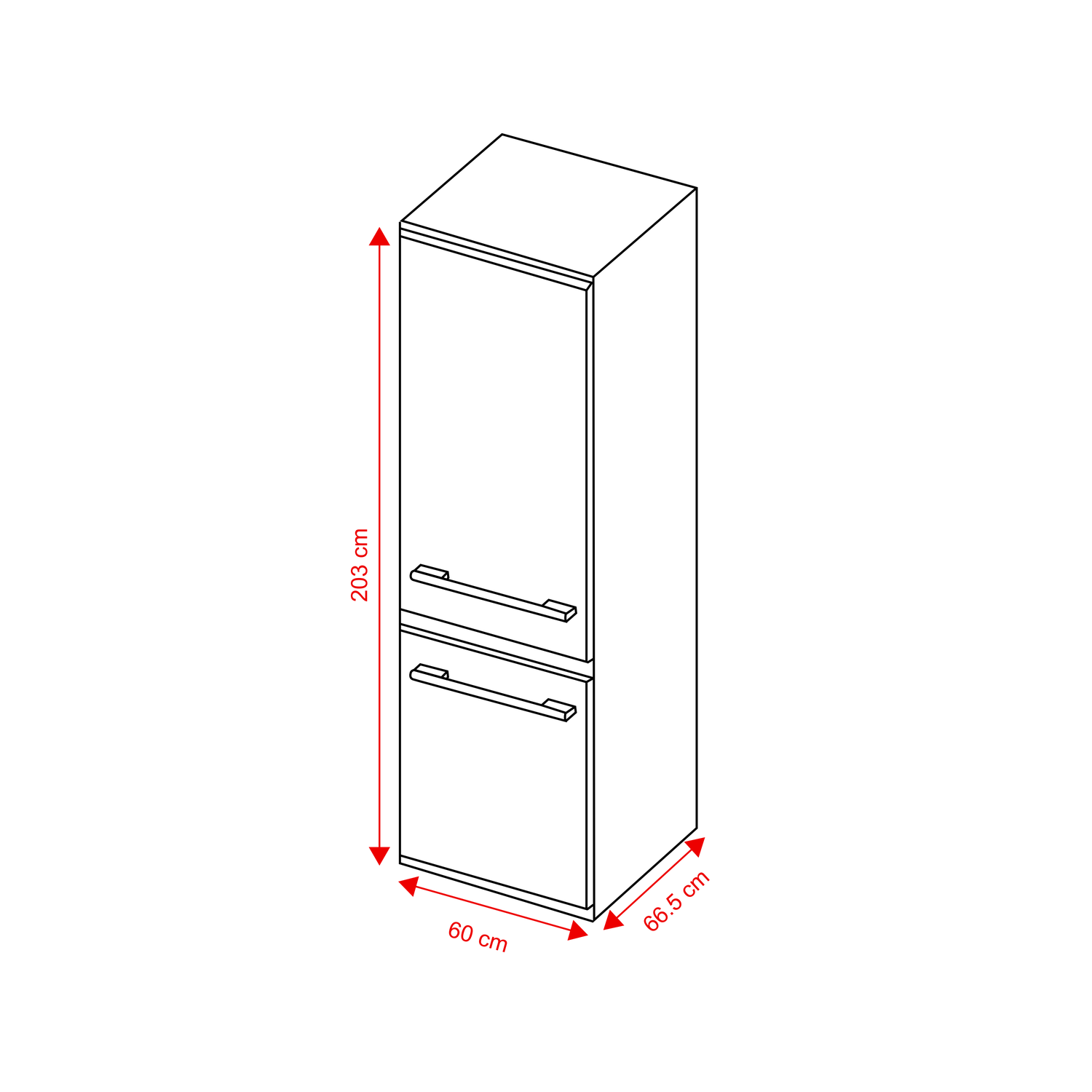 Technical sketch of a tall cabinet with two doors and handles, measuring 203 cm high, 60 cm wide, and 66.5 cm deep.