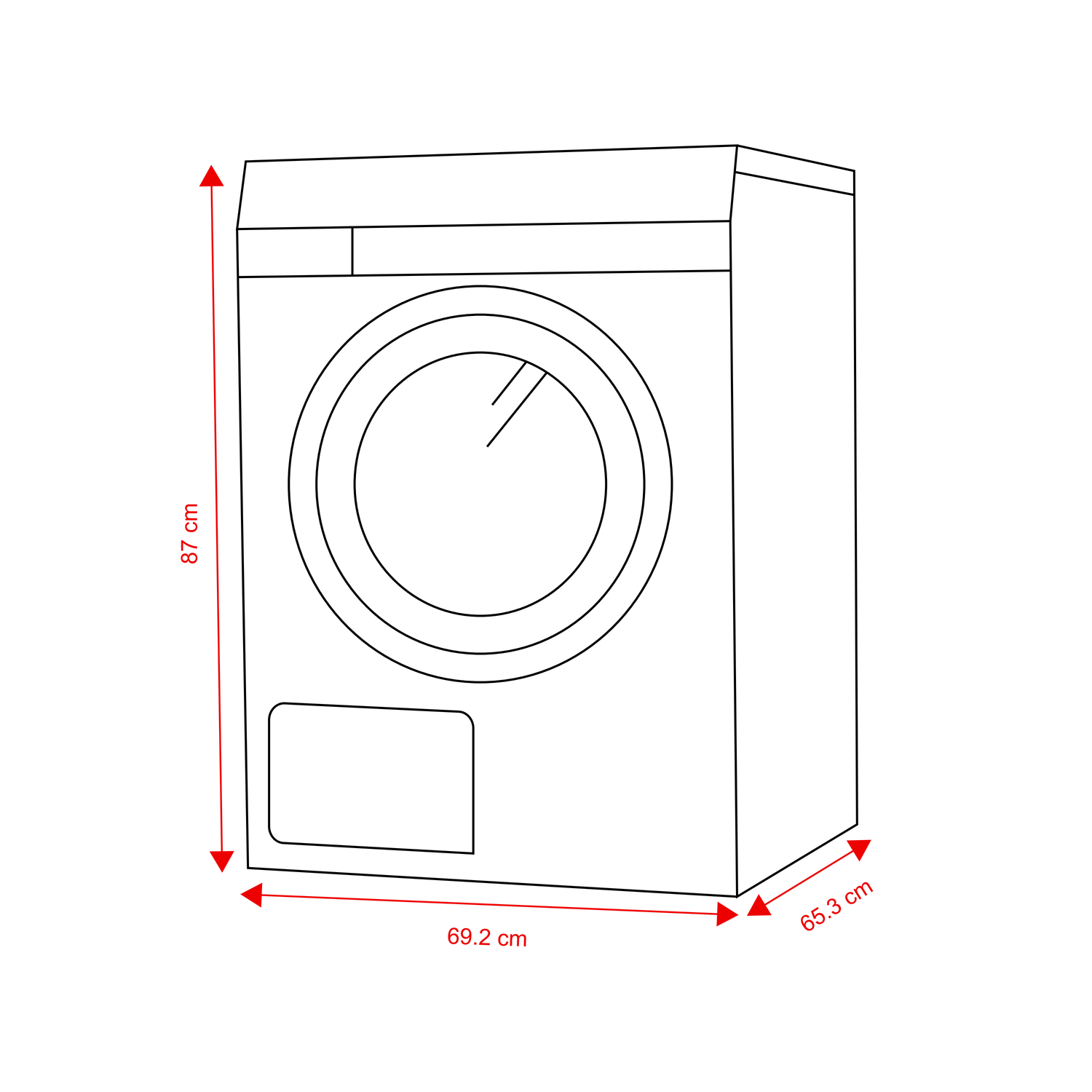 Line drawing of a washing machine with red dimensions: 87 cm high, 69.2 cm wide, and 65.3 cm deep.