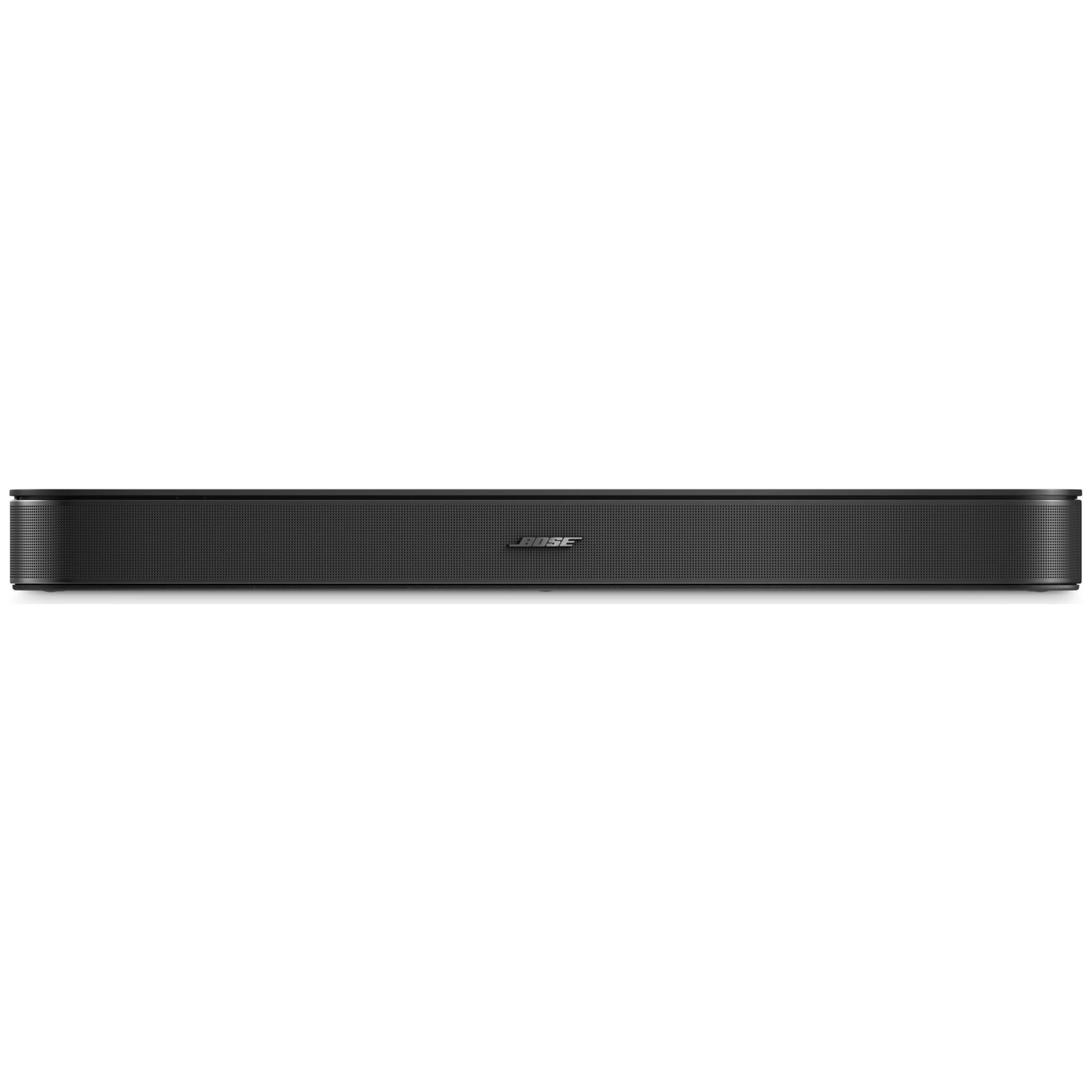 Een lange, zwarte Bose-soundbar met een zilverkleurig logo op witte achtergrond.