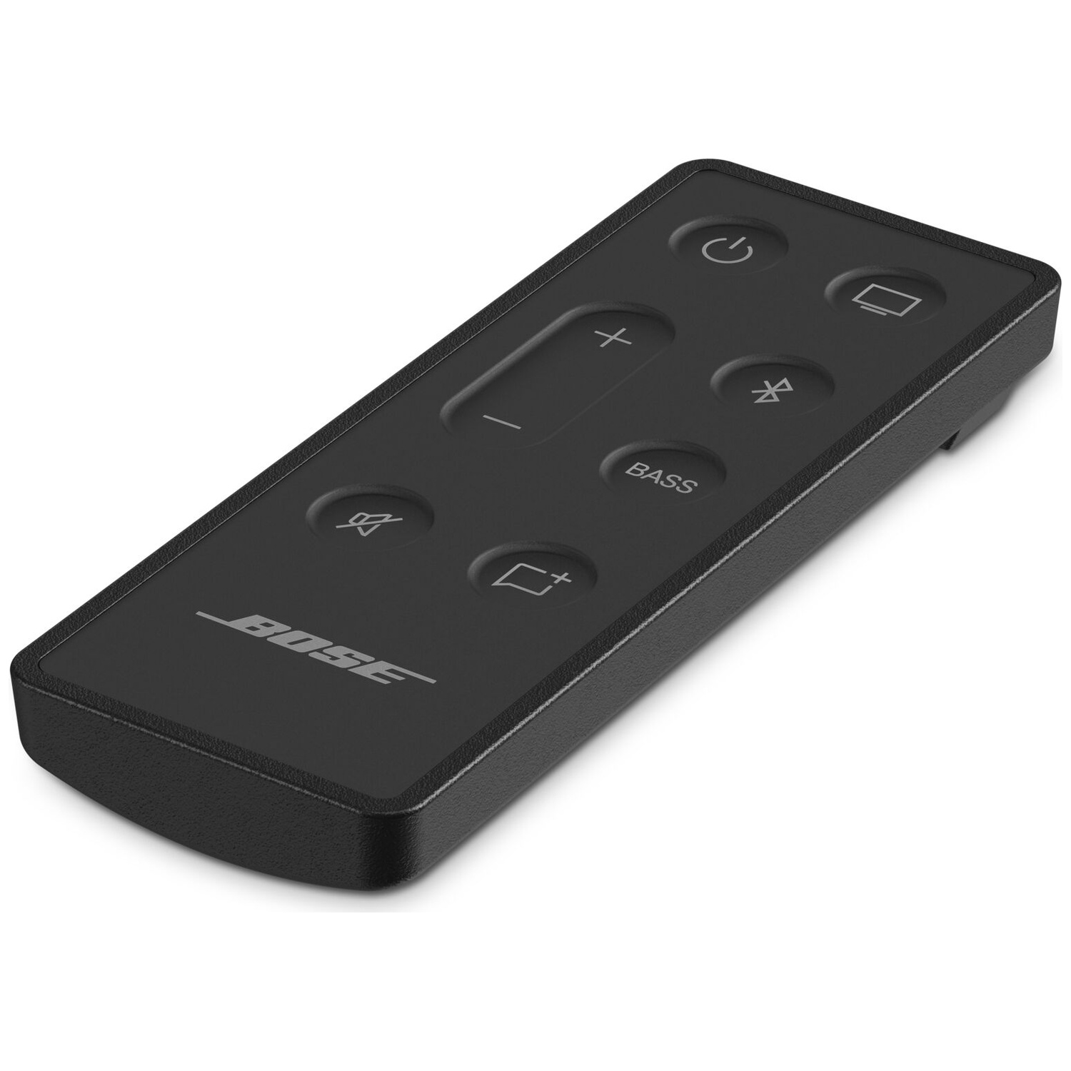 Een zwarte Bose-afstandsbediening met knoppen voor aan/uit, volume, Bluetooth en bas op witte achtergrond.
