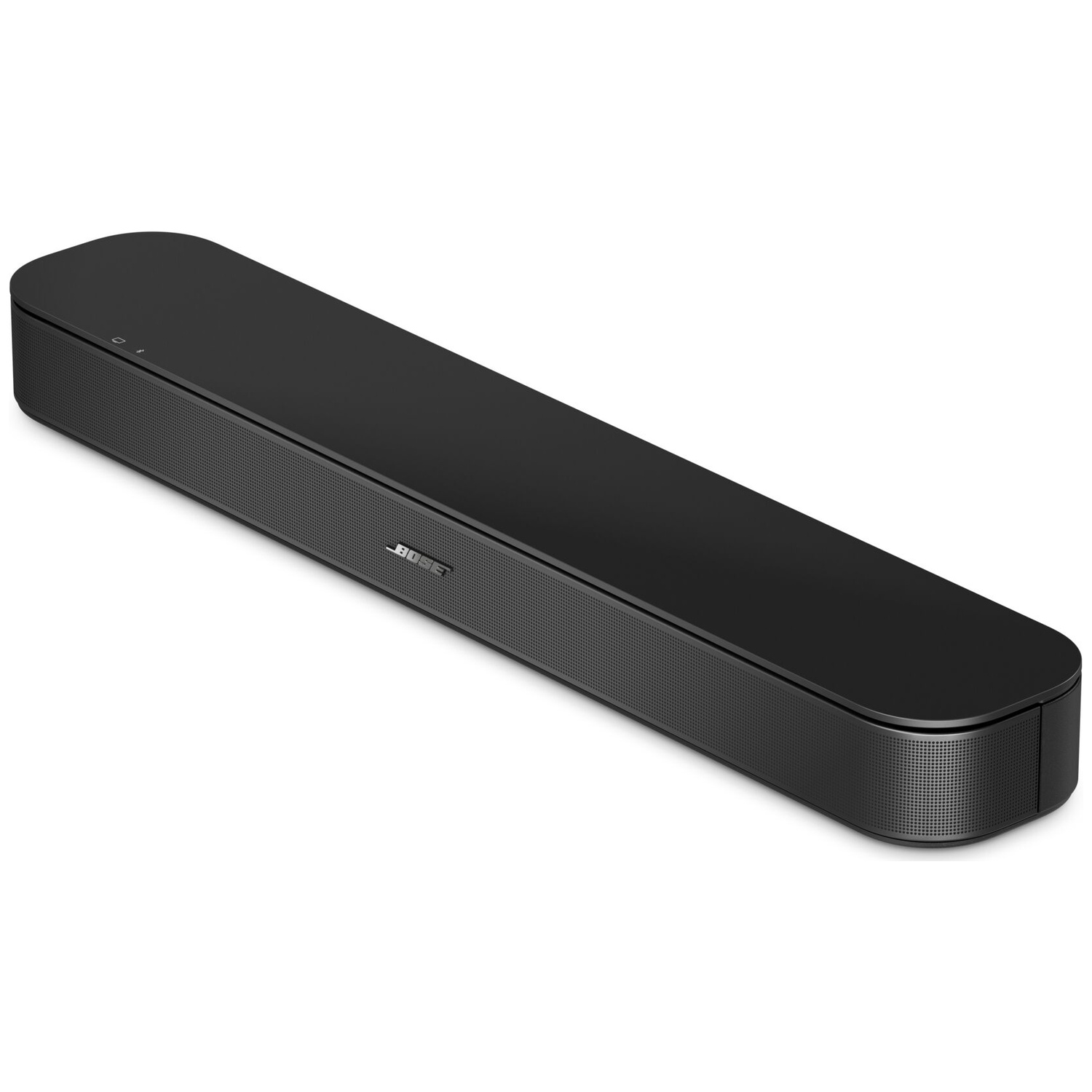 Zwarte Bose soundbar met afgeronde hoeken op een witte achtergrond.