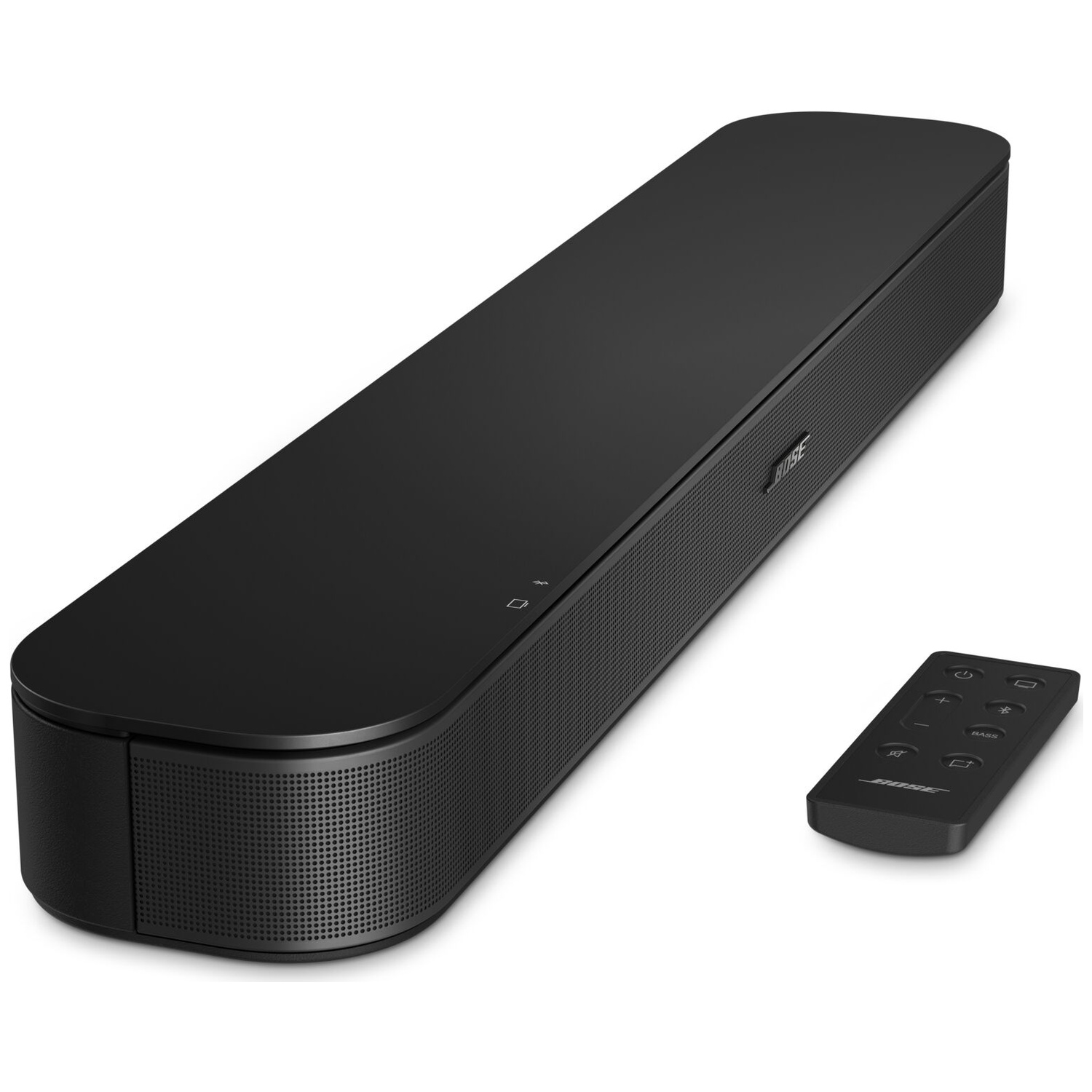 Zwarte Bose soundbar met een kleine afstandsbediening ernaast op een witte achtergrond.