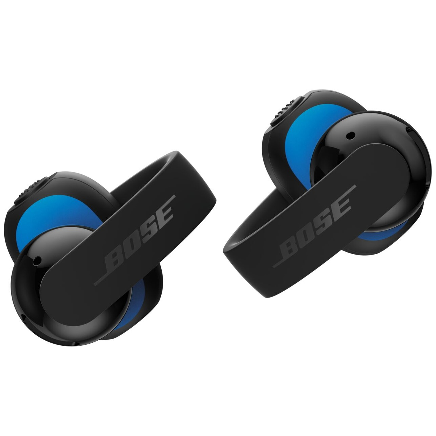 Écouteurs Bose noirs avec des accents bleus et le logo sur fond blanc.