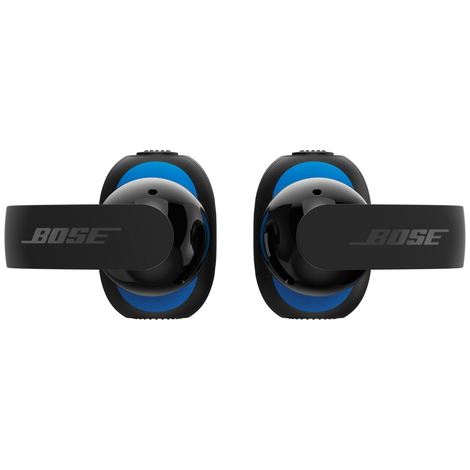 Deux oreillettes de sport noires Bose avec des touches bleues sont positionnées symétriquement sur fond blanc.