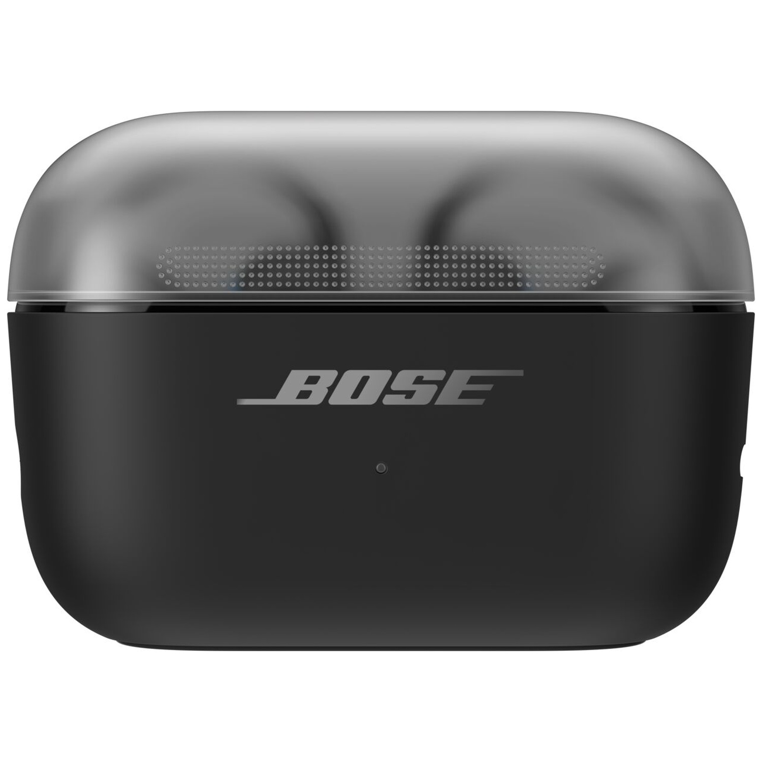 Boîtier de charge noir pour écouteurs sans fil Bose avec couvercle translucide et témoin LED.