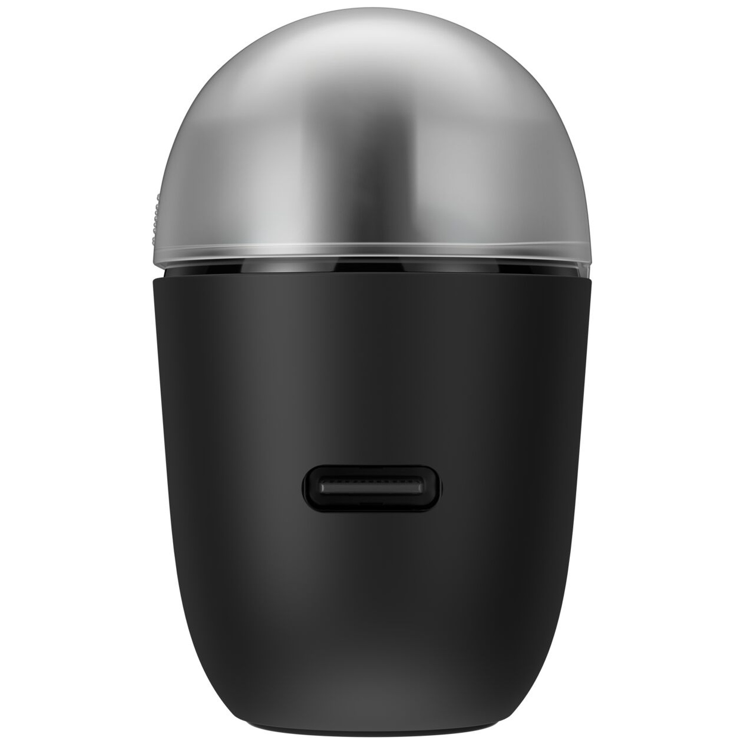 Un appareil électronique ovale noir avec un capuchon argenté en forme de dôme et un port USB-C.
