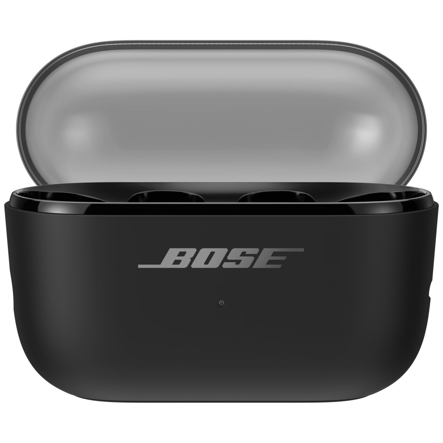Un étui de chargement Bose noir ouvert avec son couvercle relevé sur fond blanc.