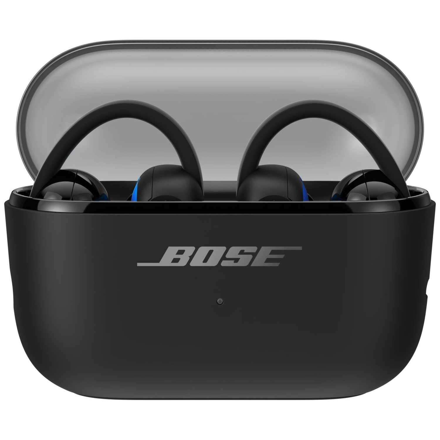 Boîtier de charge Bose noir avec couvercle ouvert, contenant deux écouteurs sans fil avec crochets.