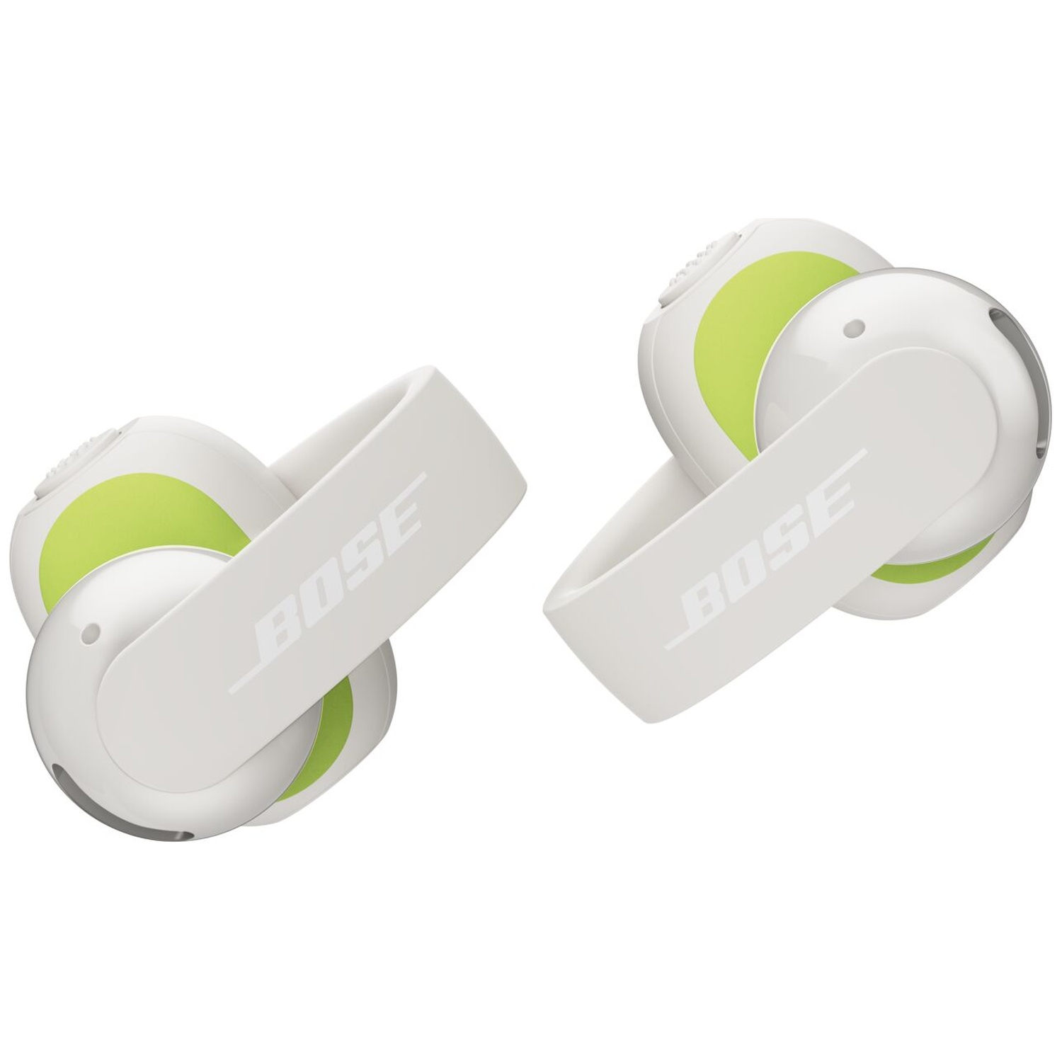 Écouteurs ouverts Bose blancs et vert clair avec le logo de la marque sur fond blanc.