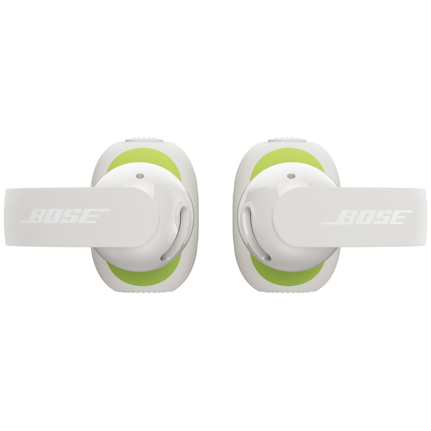 Écouteurs ouverts Bose blancs et verts vus du dessus sur fond blanc.