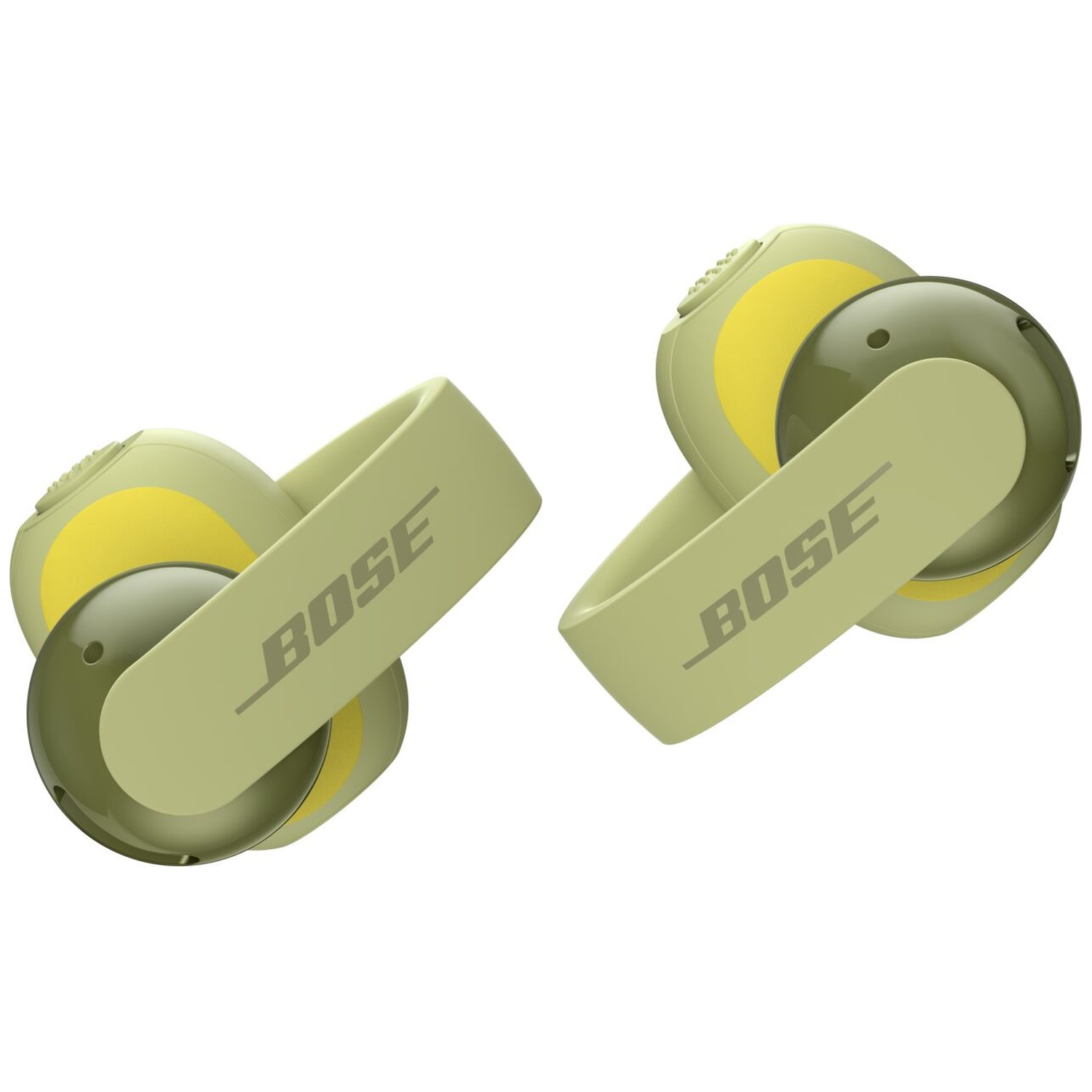 Écouteurs ouverts Bose vert olive au design clip unique sur fond blanc.