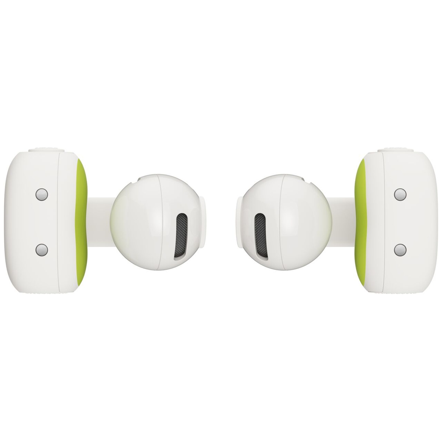Deux écouteurs intra-auriculaires blancs avec des accents verts sont placés symétriquement sur fond clair.