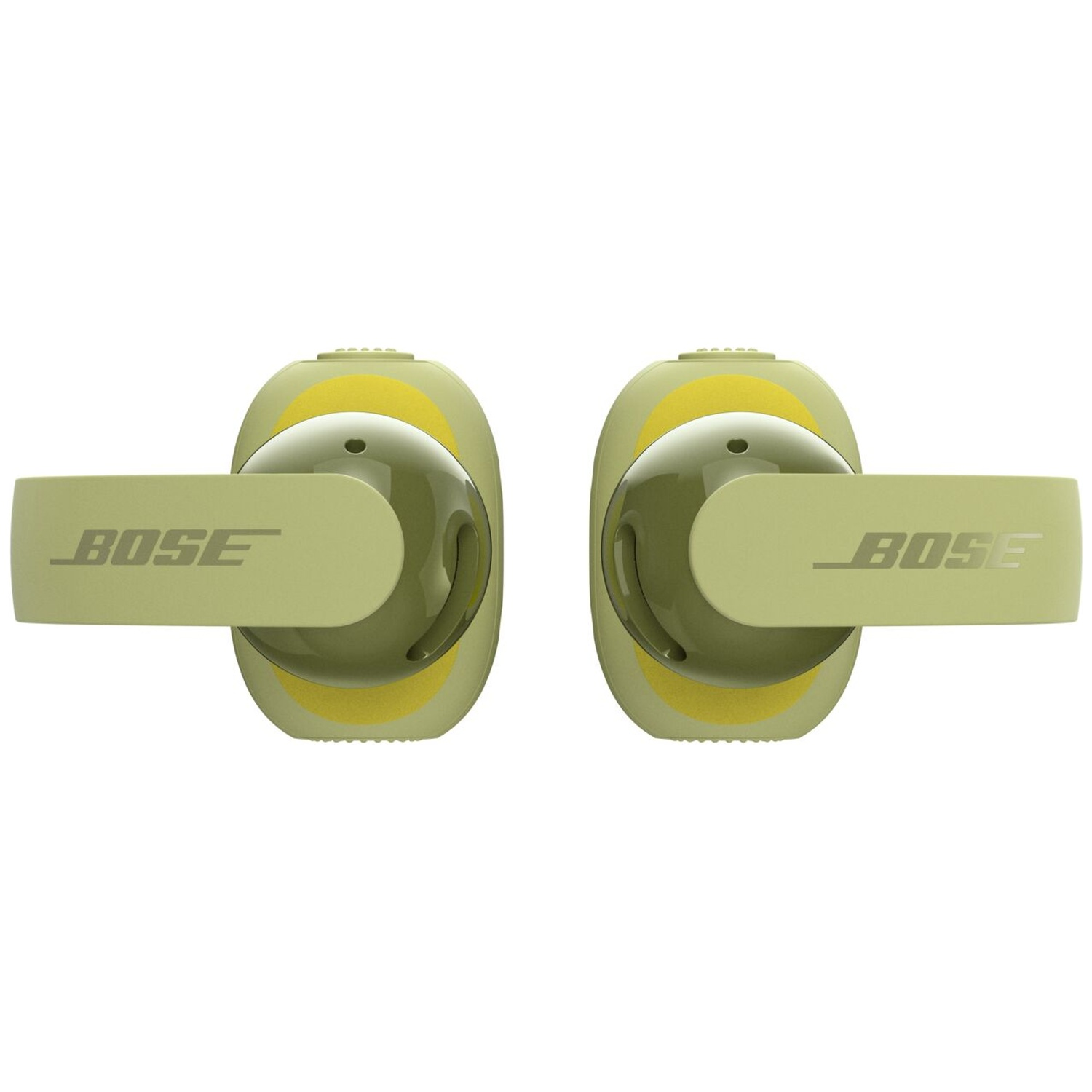 Écouteurs Bose Ultra Open verts sur fond blanc, vus du dessus.