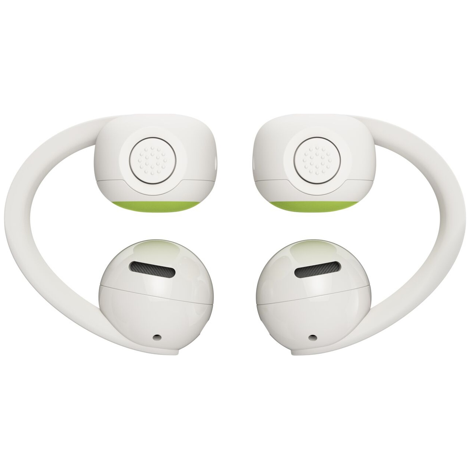 Écouteurs ouverts blancs avec crochets d'oreille et détails verts sur fond blanc.