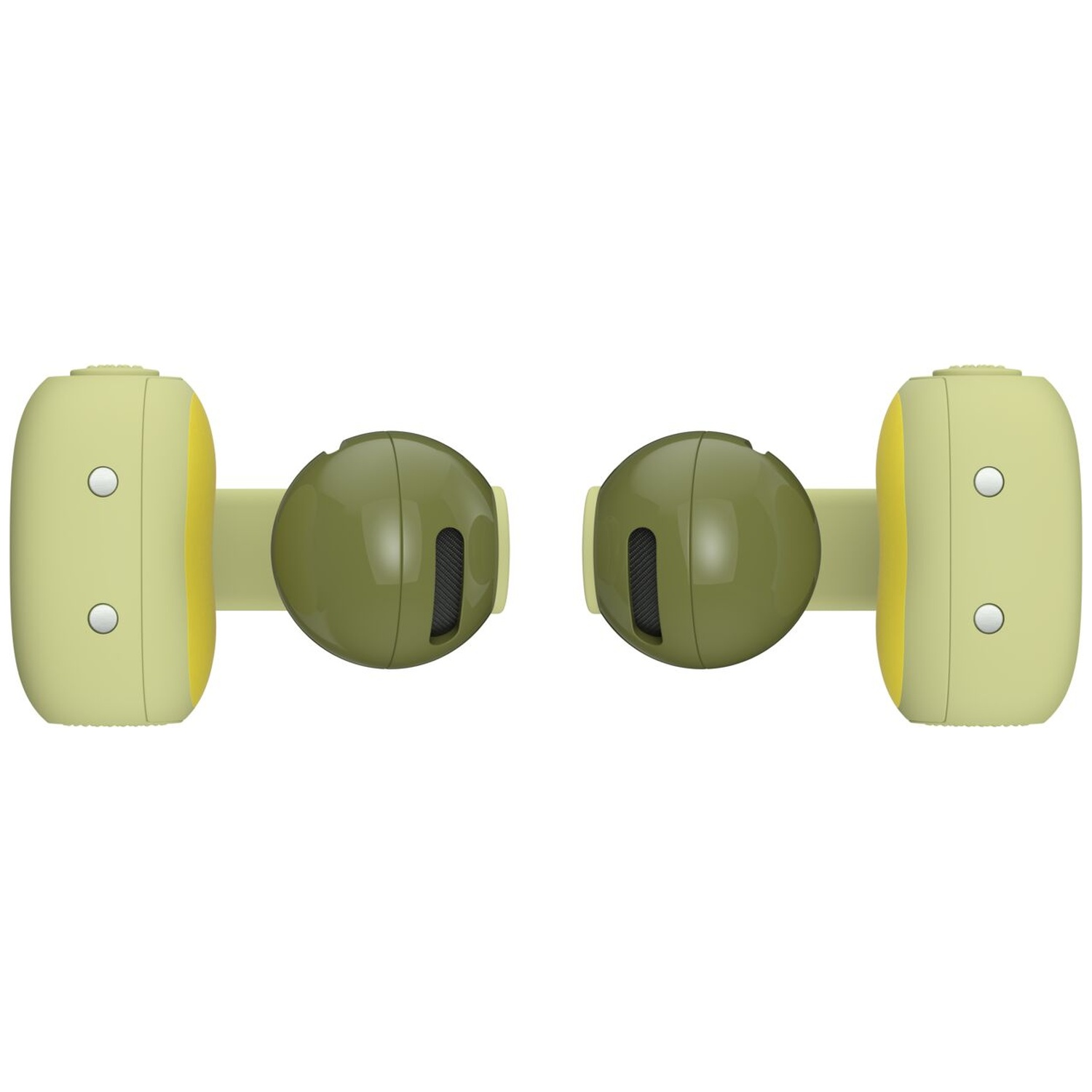 Écouteurs sans fil vert olive et jaune avec des accents ronds et des boutons, fond blanc.