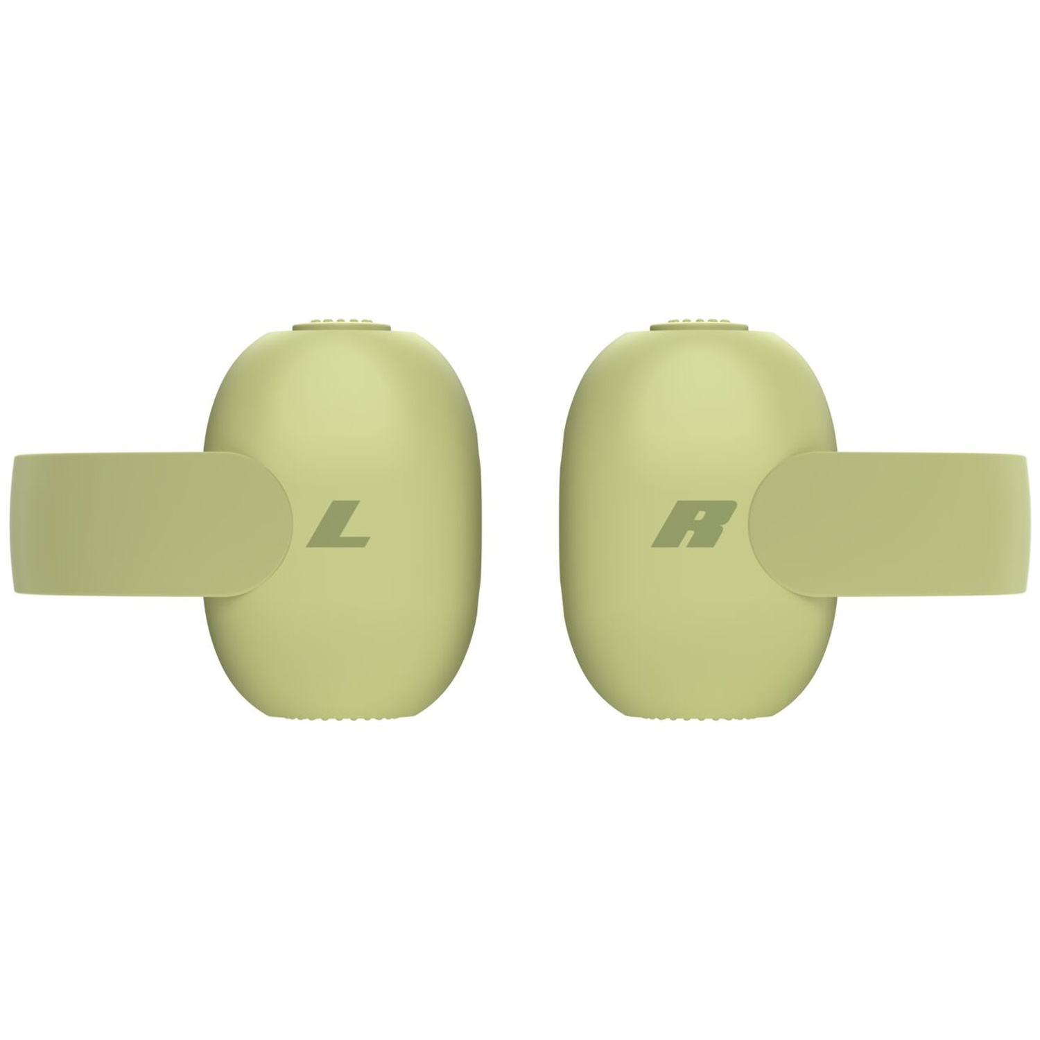 Écouteurs sans fil vert olive avec les marquages L et R sur fond blanc.